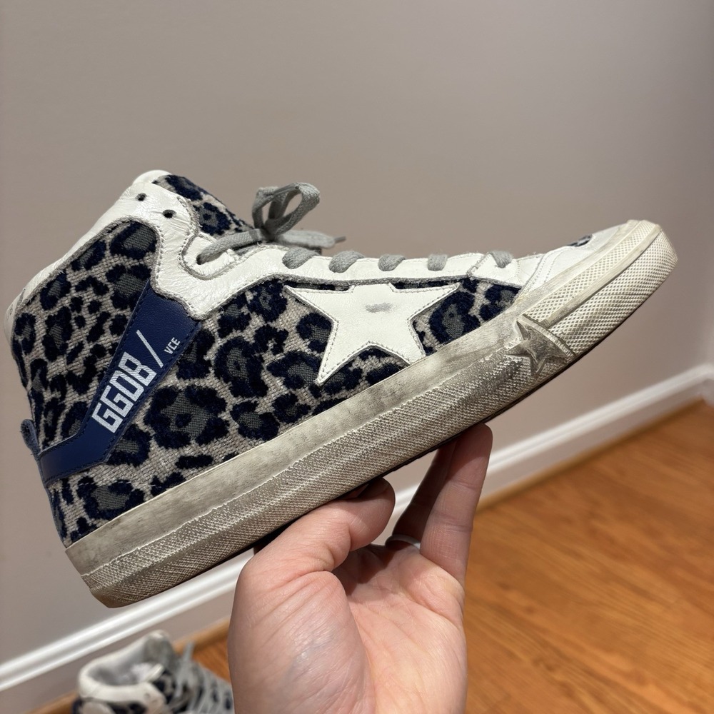Golden Goose VCE 2.12 High‎ Top Shoes Womens Size 38 Blue Leopard Print Italy - Picture 2 of 16